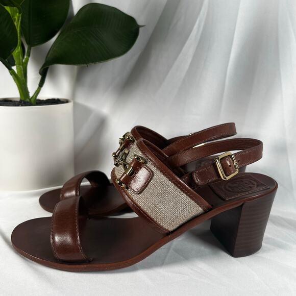 Tory Burch Shoes - TORY BURCH Lowell Linen and Leather Block Heel Slingback Gold Hardware Sandals